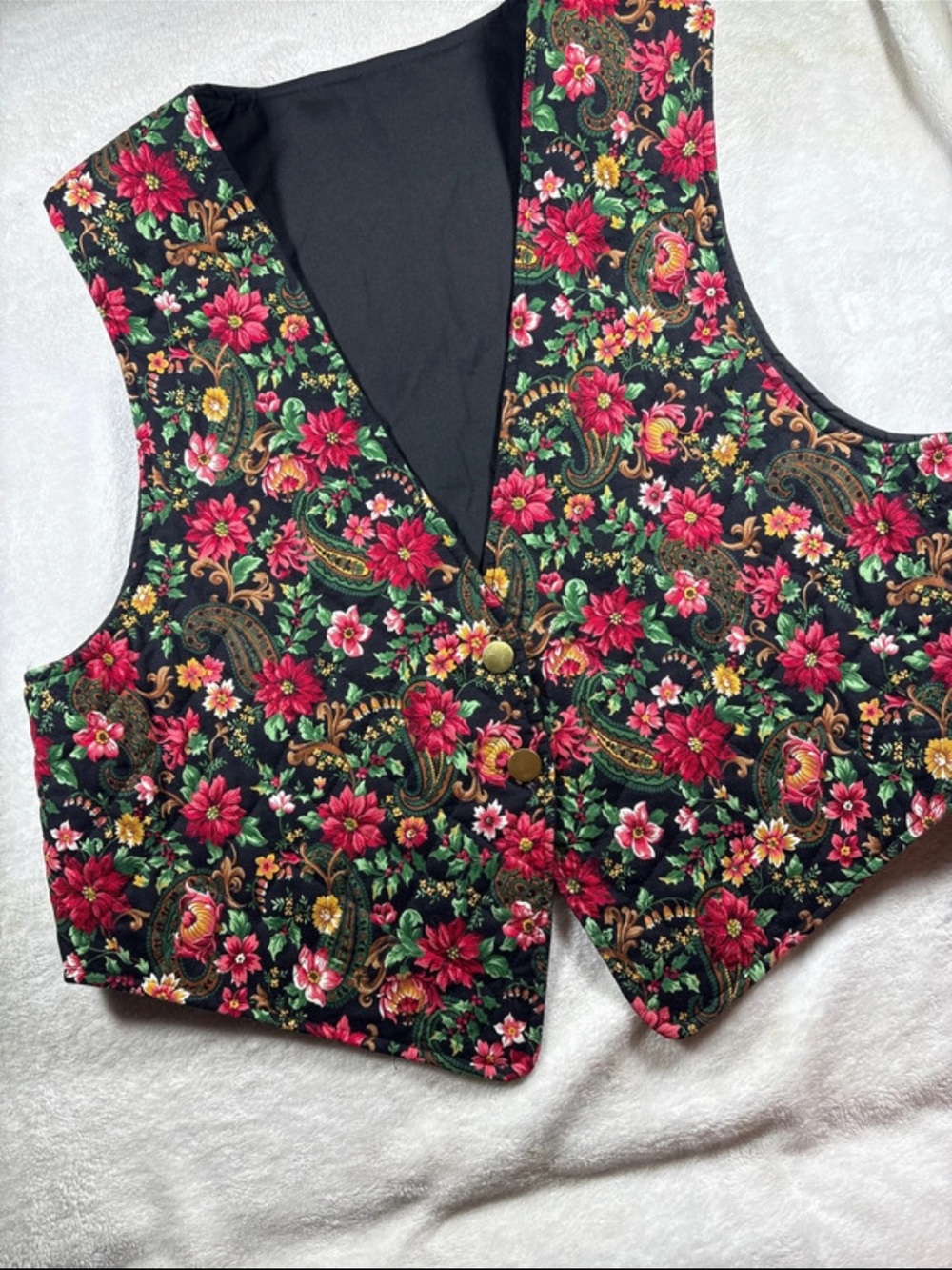 Vintage Floral Paisley Handmade Quilted Vest Christmas Seasonal Poinsettia Holly